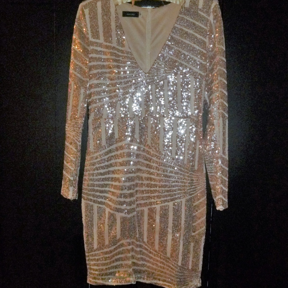 Sexy V-Neck Sparkly Rose Gold Dress, Small